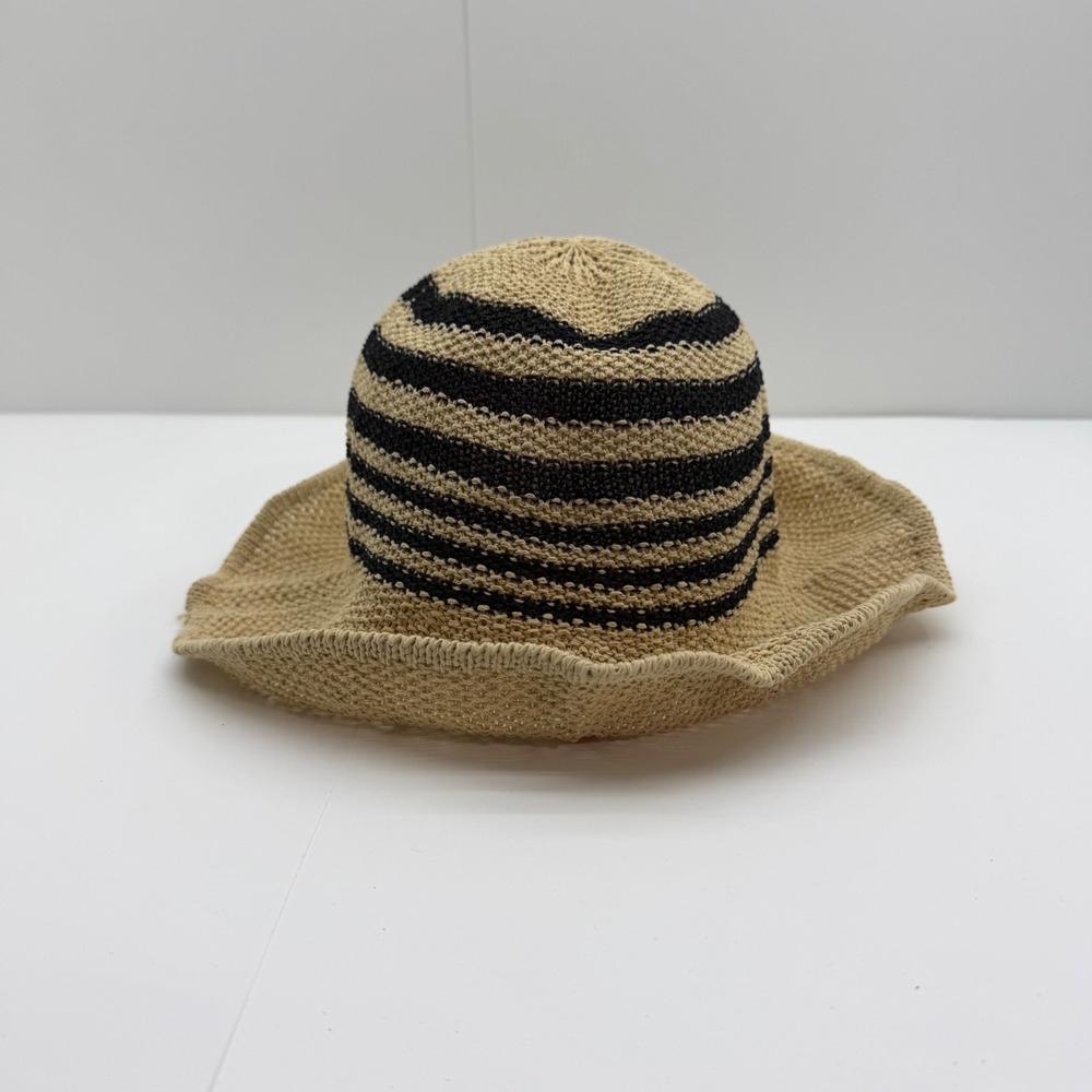 Summer & Rose Tan Black Striped Floppy Sun Hat Packable Knit Beach Bucket Hat‎